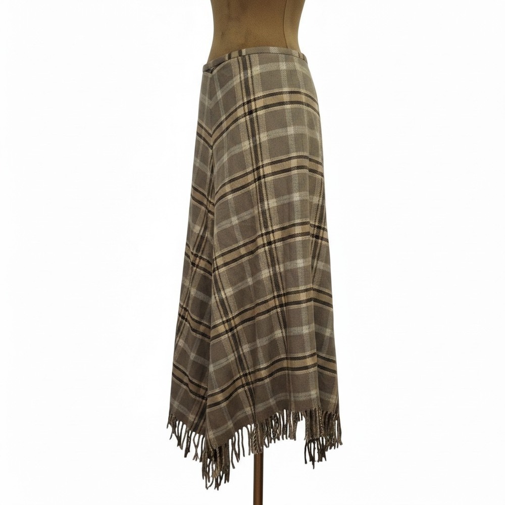 Charter Club Skirt Womens Plaid Size 14 Brown Fringe Fall Long Asymmetrical Hem